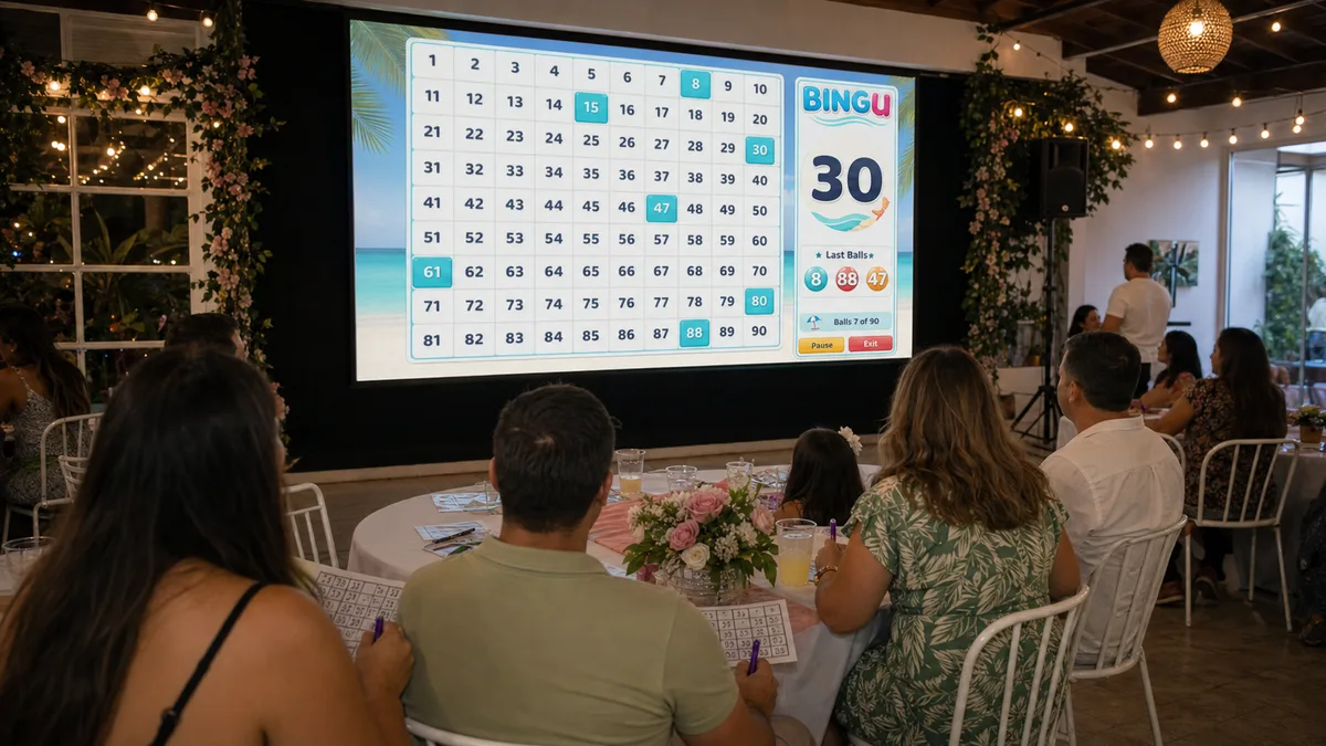 Bingo proyectado en una fiesta familiar con invitados jugando