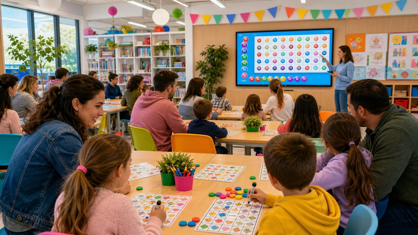 Actividad familiar de bingo con imágenes en una sala escolar