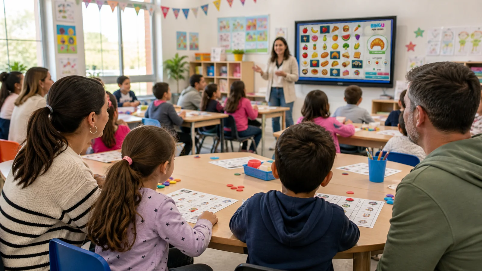 Actividad de bingo para niños y familias en un aula con pantalla grande