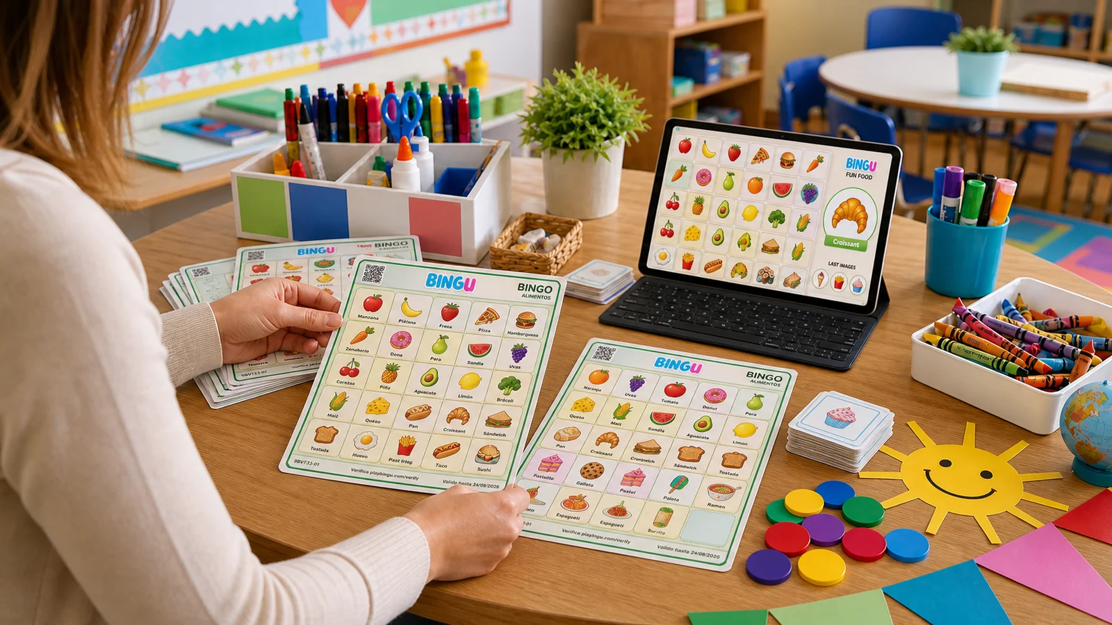 Cartones de bingo con imágenes, fichas de colores y tablet con la partida BINGU sobre un escritorio escolar