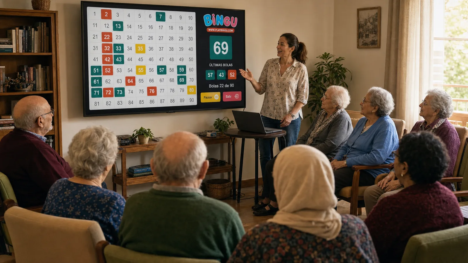 Sesión de bingo en una residencia con personas mayores, cartones impresos y pantalla grande